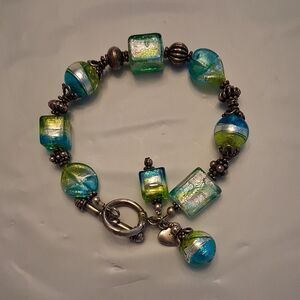 SPRZ Blue Green Silver Merino Glass  Toggle Charm Bracelet Signed Round Square